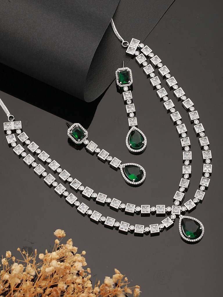 Silver Toned Green Zircon Studded Double Lined Designer Luxe Necklace Jewellery Set : SJNK2414