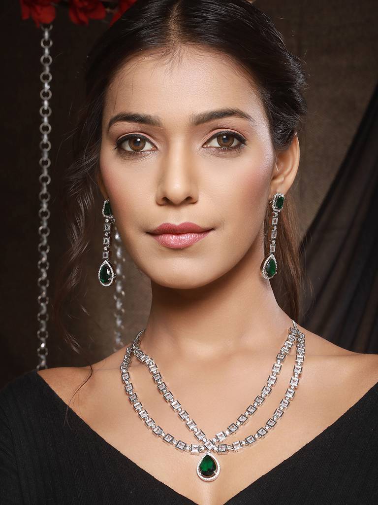 Silver Toned Green Zircon Studded Double Lined Designer Luxe Necklace Jewellery Set : SJNK2414