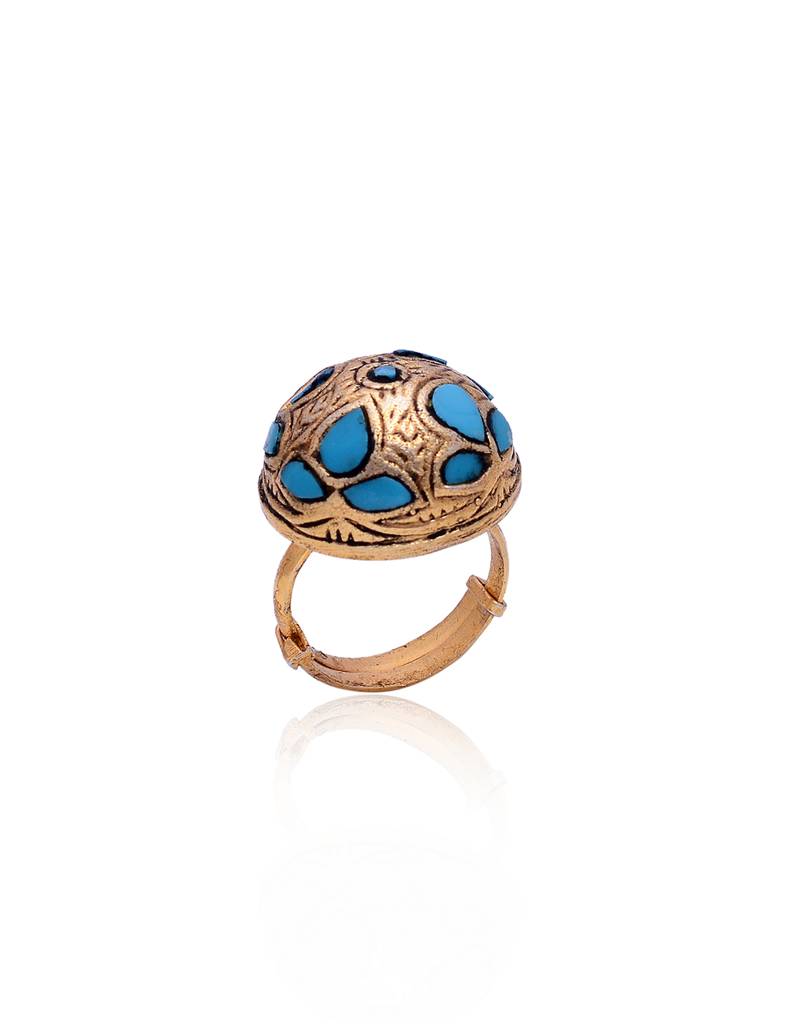 925 Sterling Silver Adjustable Ring With 24K Gold Plated And Turquoise Stone : 2415