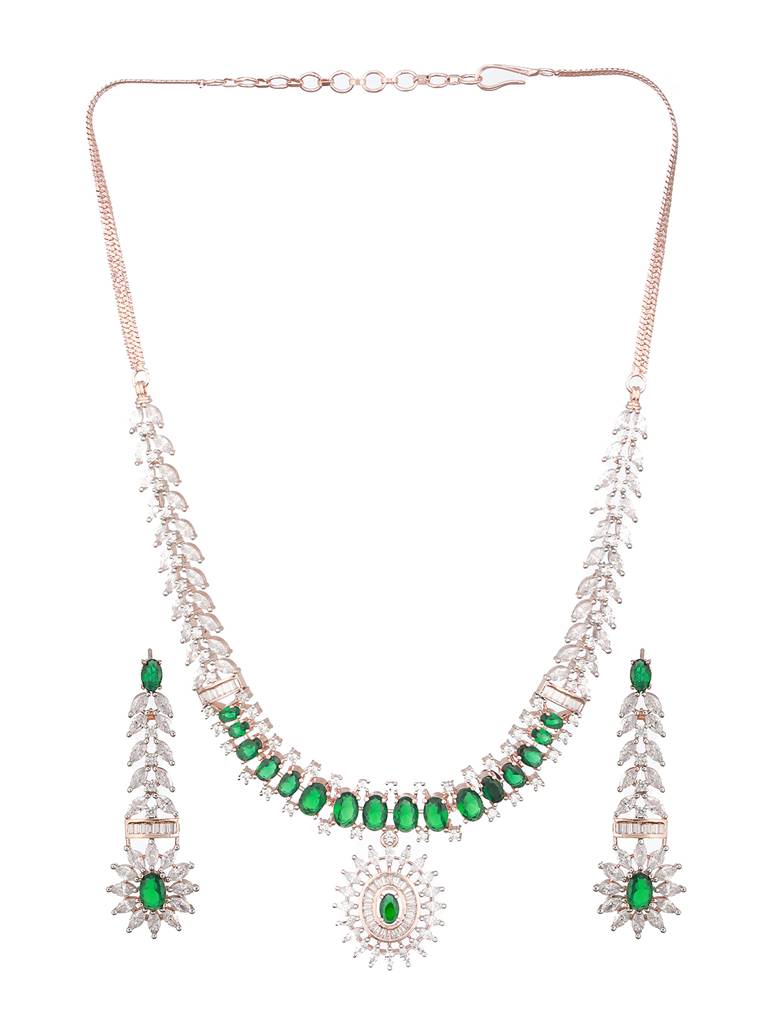 Rose Polish Green Emerald Studded Minimal Floral Pendant Necklace Jewellery Set : SJNK2415