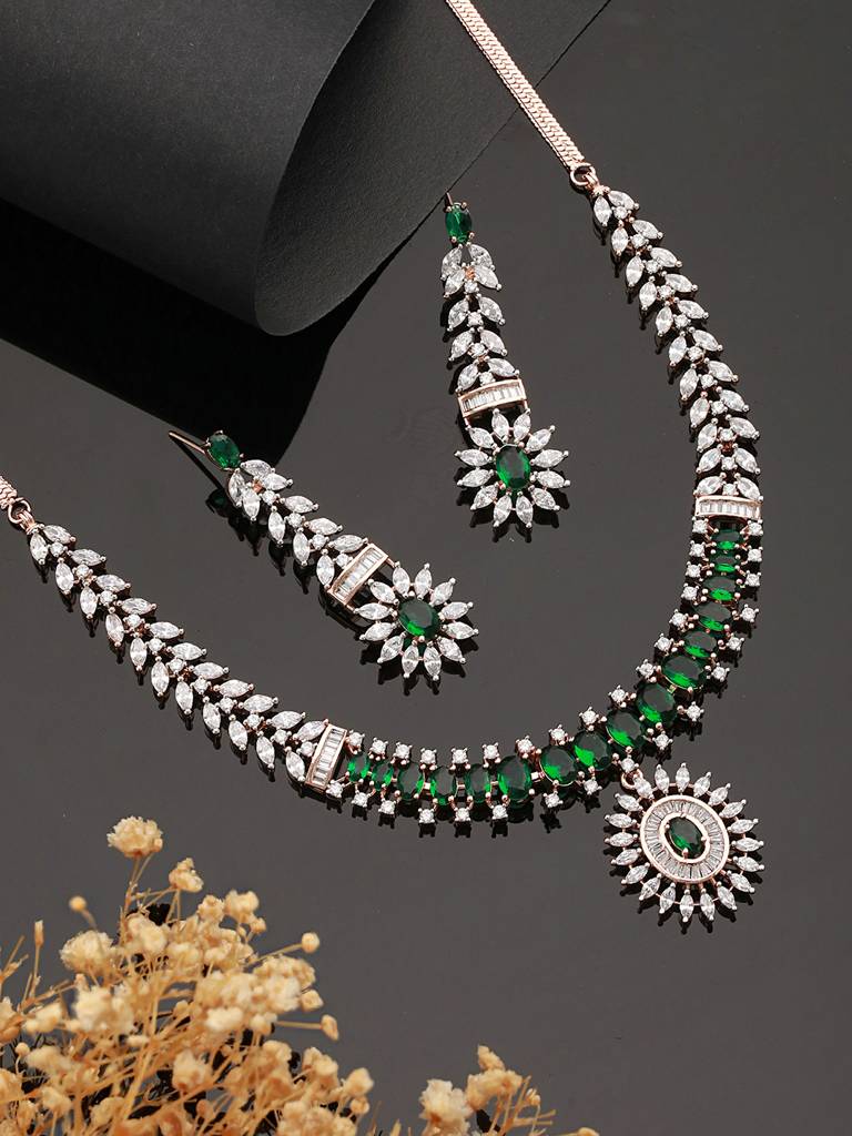 Rose Polish Green Emerald Studded Minimal Floral Pendant Necklace Jewellery Set : SJNK2415