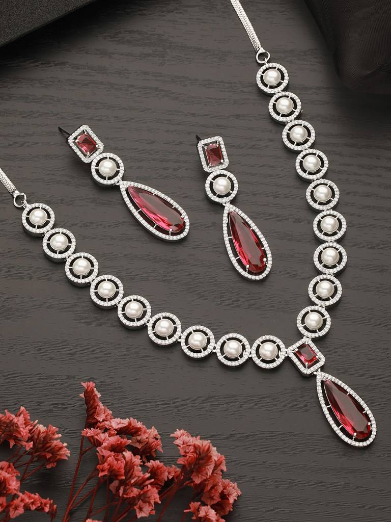 Silver Rhodium Red Zircon Pearl Beaded Designer Necklace Jewellery Set : SJNK2416