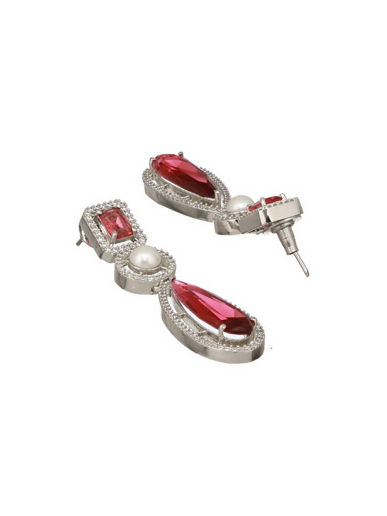 Silver Rhodium Red Zircon Pearl Beaded Designer Necklace Jewellery Set : SJNK2416
