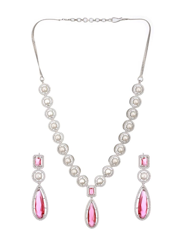 Silver Rhodium Red Zircon Pearl Beaded Designer Necklace Jewellery Set : SJNK2416