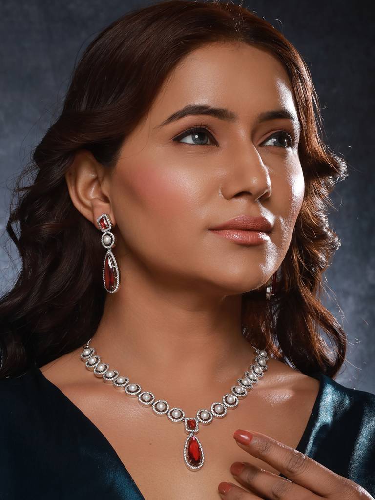 Silver Rhodium Red Zircon Pearl Beaded Designer Necklace Jewellery Set : SJNK2416