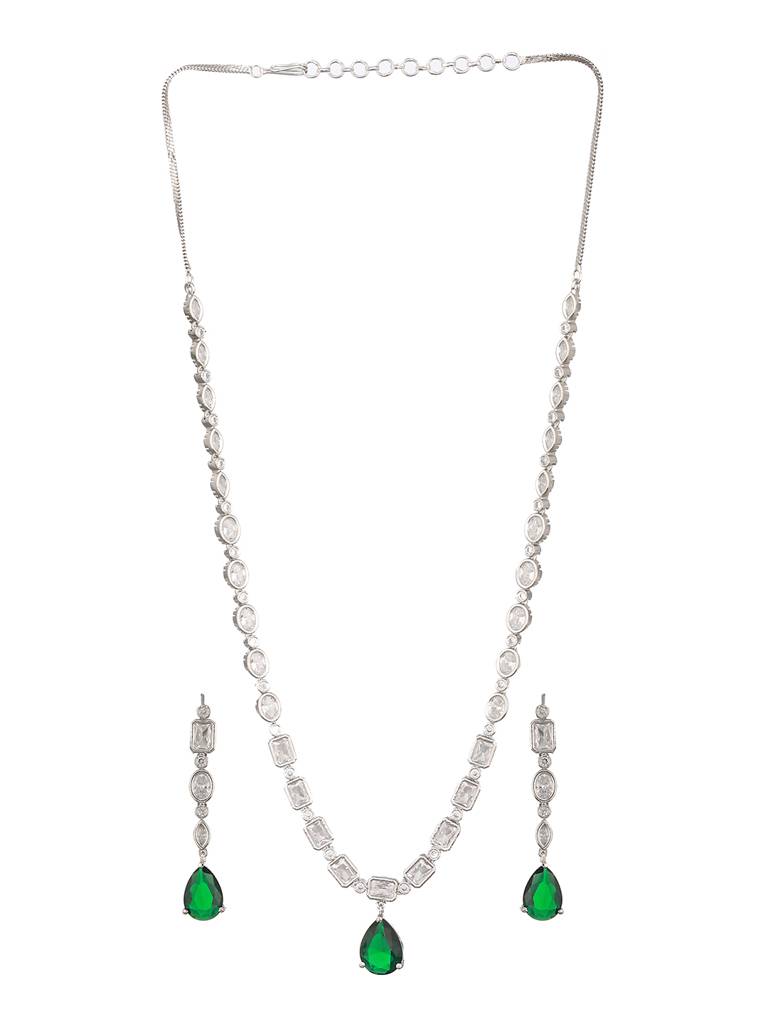 Silver Toned Emerald Green Zircon Studded Minimal Pendant Necklace Jewellery Set : SJNK2417