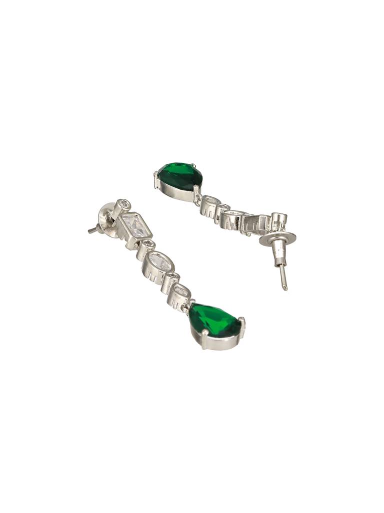 Silver Toned Emerald Green Zircon Studded Minimal Pendant Necklace Jewellery Set : SJNK2417
