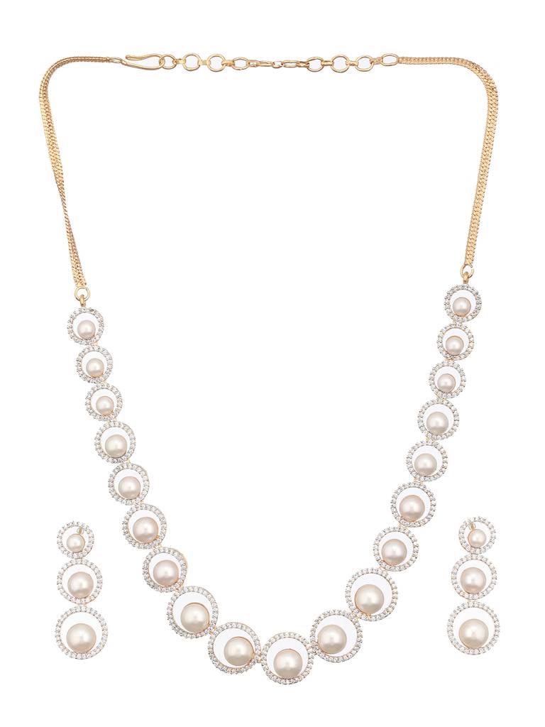 Gold Toned Pearl Beaded Designer Minimal Necklace Jewellery Set : SJNK2418