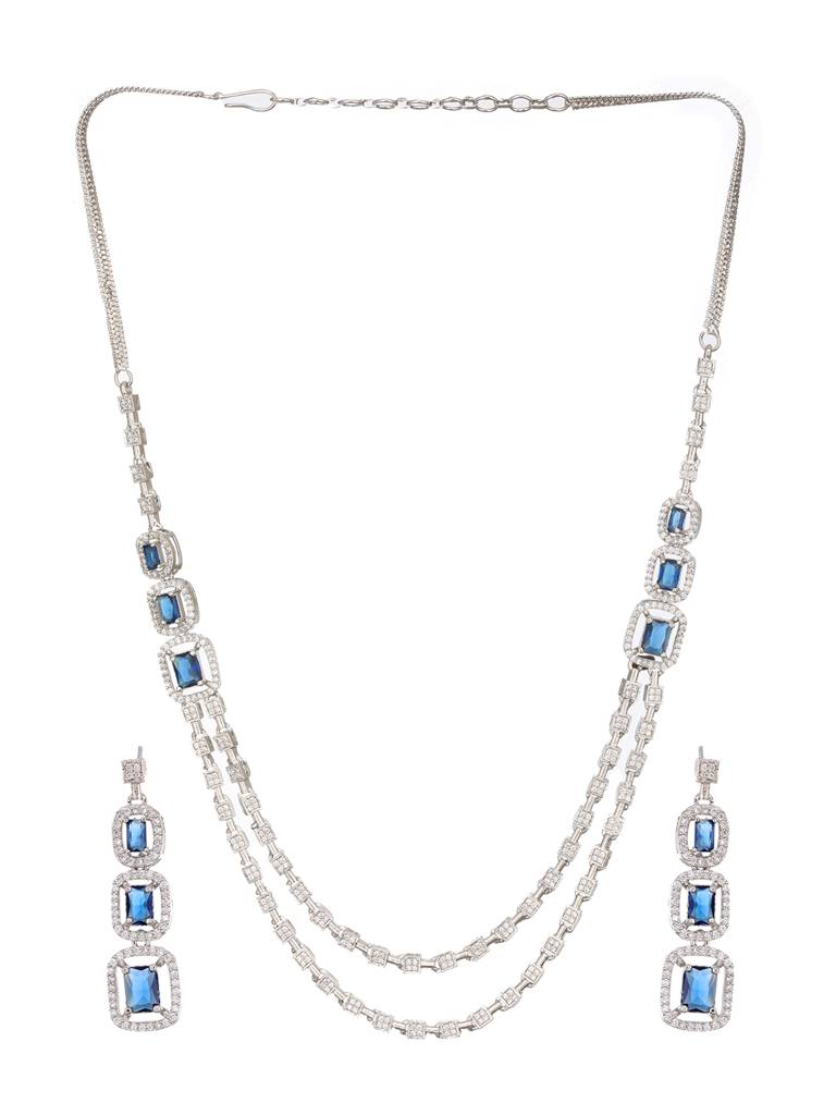 Silver Plated Blue Zircon Studded Double Lined Bridal Designer Jewellery Set : SJNK2419