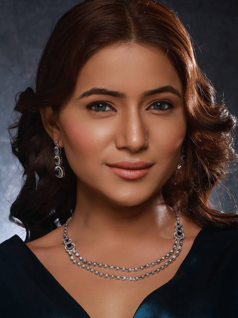 Silver Plated Blue Zircon Studded Double Lined Bridal Designer Jewellery Set : SJNK2419