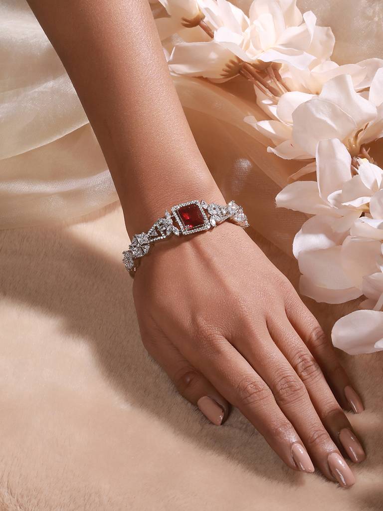 Silver Toned Red Zircon Studded Designer Kada Bracelet : SJBR2420