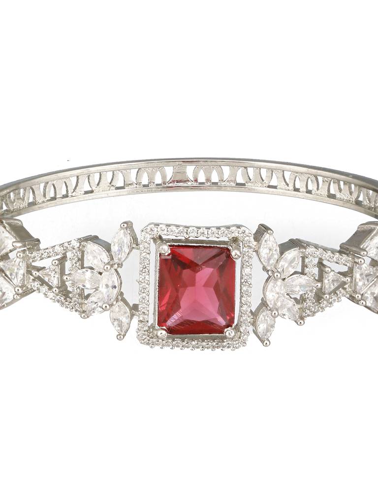 Silver Toned Red Zircon Studded Designer Kada Bracelet : SJBR2420