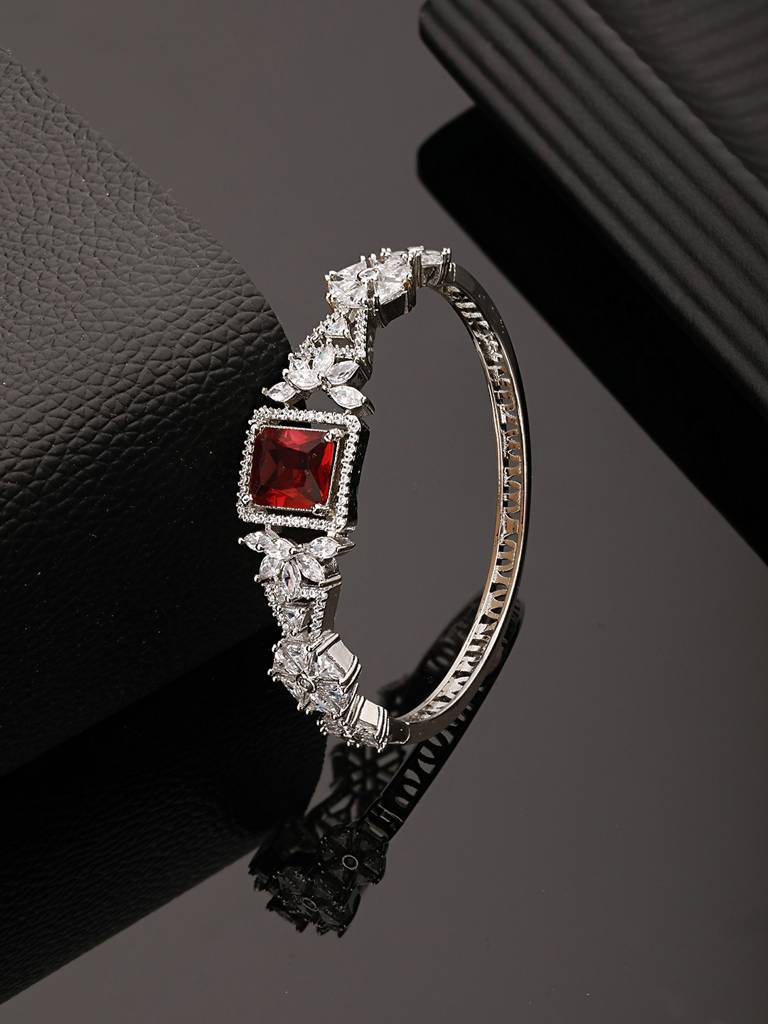 Silver Toned Red Zircon Studded Designer Kada Bracelet : SJBR2420