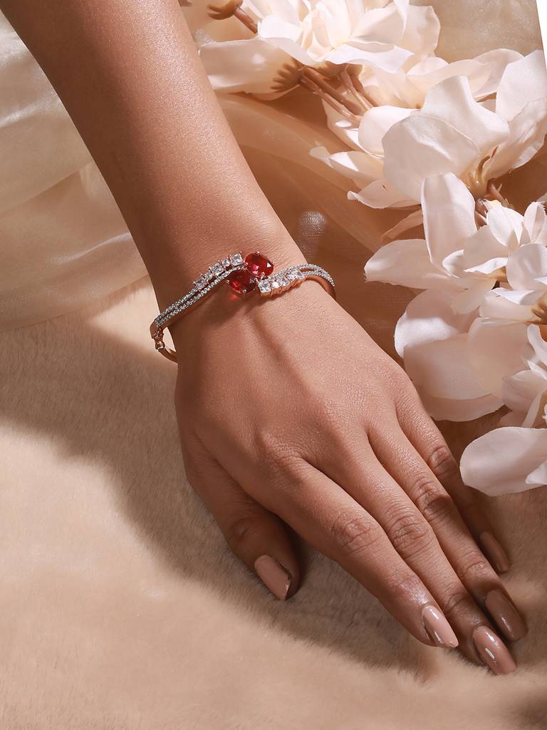 Rose Gold Plated Red Ad Studded Minimal Designer Bangle Bracelet : SJBR2422
