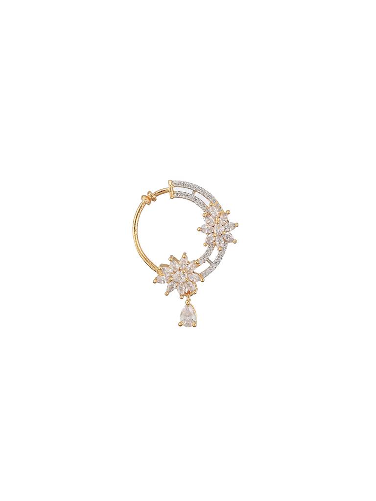 Gold Plated Ad Studded Floral Pressing Nose Ring Nath : SJNT2425