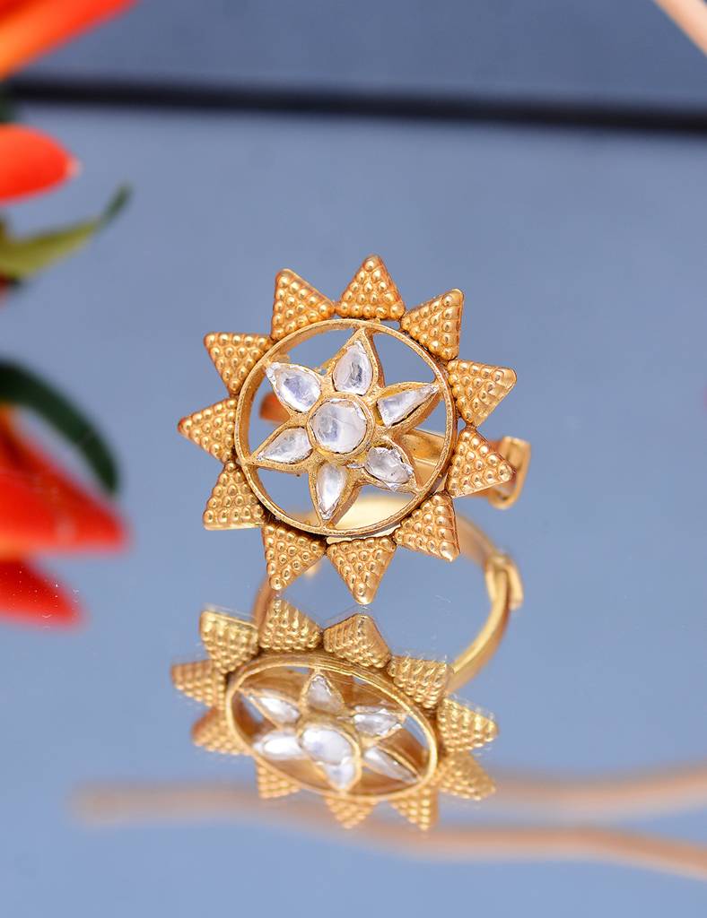22K Gold Plated 925 Sterling Silver Moissanite Polki Adjustable Ring : 2425