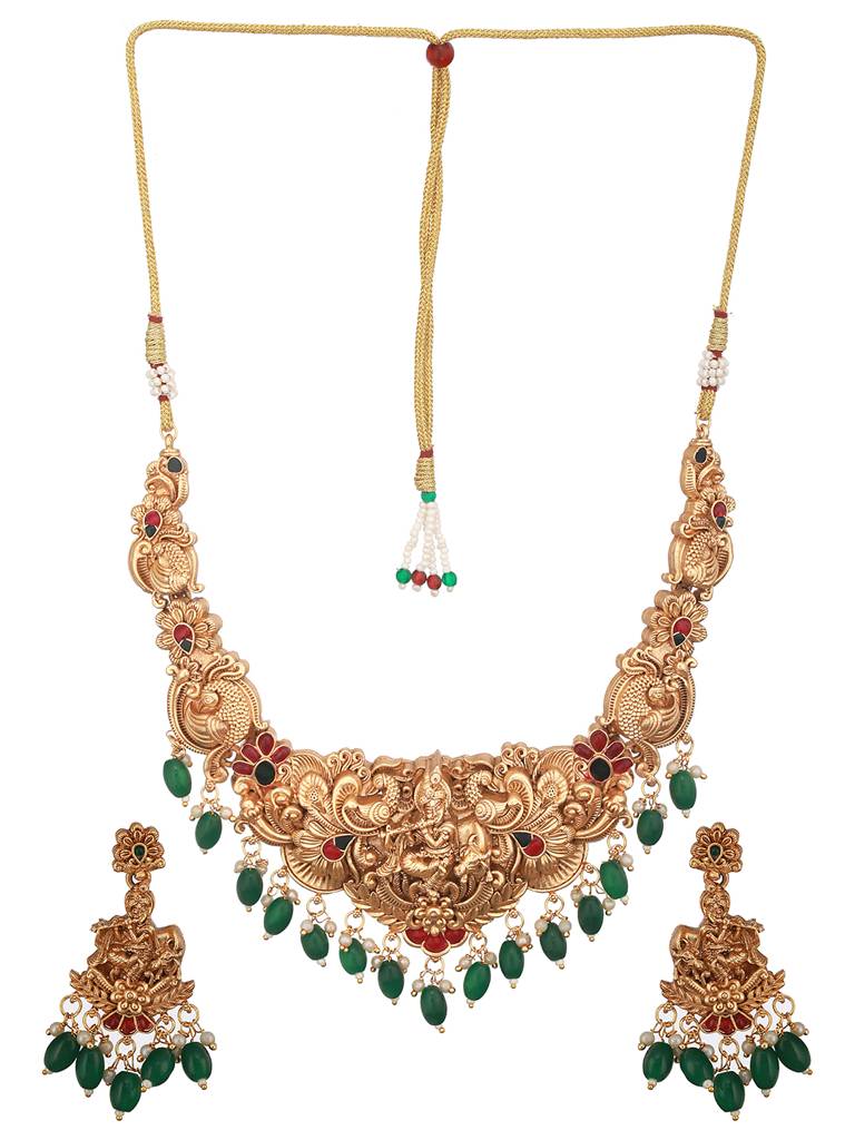 Gold Plated Jadau Divine Radha Krishna Temple Necklace Jewellery Set : SJNK2426