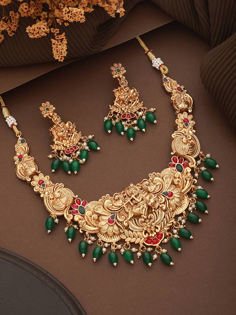 Gold Plated Jadau Divine Radha Krishna Temple Necklace Jewellery Set : SJNK2426