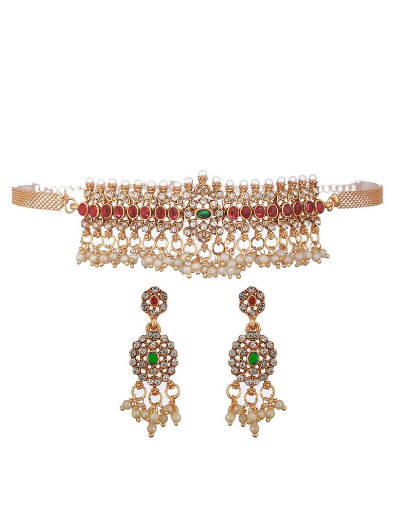 Gold Plated Jadau Studded Pearl Beaded Multicoloured Delicate Chain Choker Jewellery Set : SJNK2427