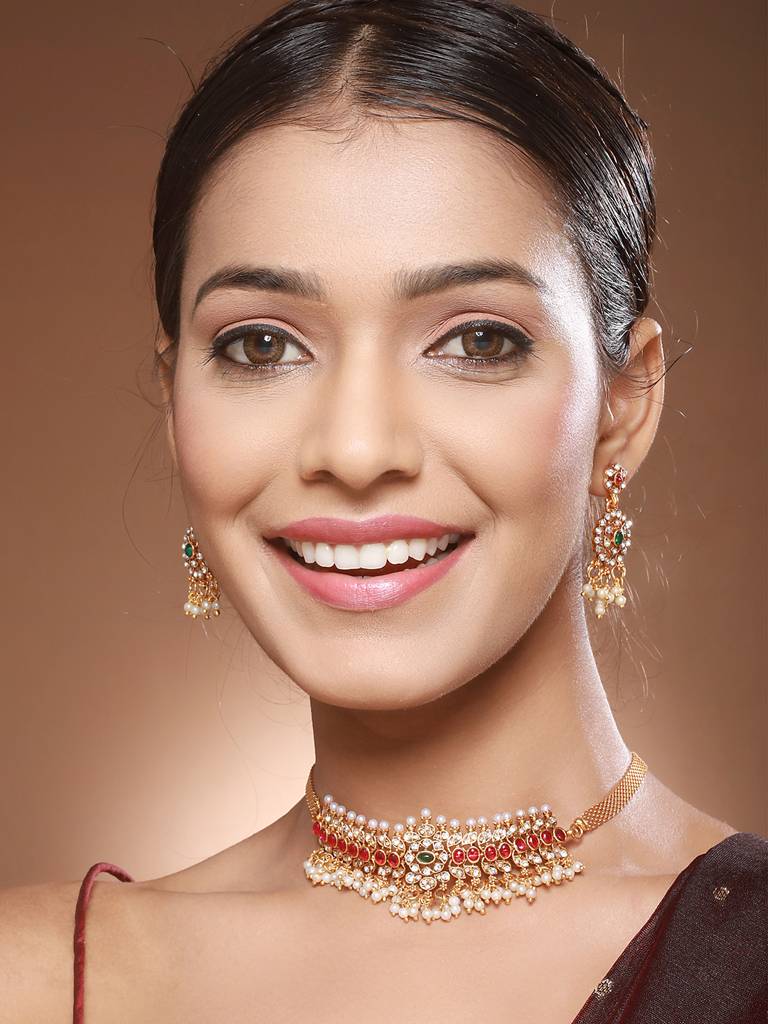 Gold Plated Jadau Studded Pearl Beaded Multicoloured Delicate Chain Choker Jewellery Set : SJNK2427