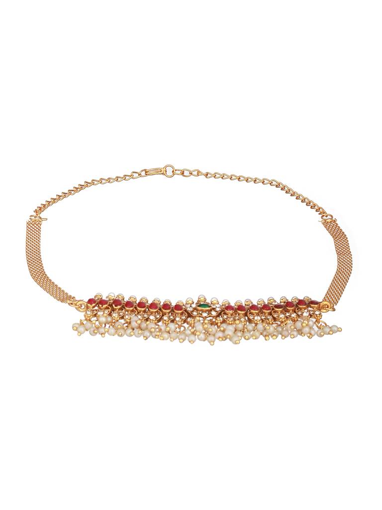 Gold Plated Jadau Studded Pearl Beaded Multicoloured Delicate Chain Choker Jewellery Set : SJNK2427