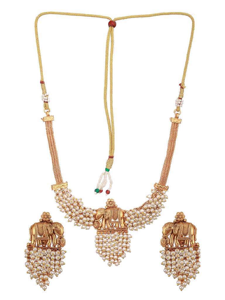 Gold Plated Elephant Motif Pearl Beaded Designer Earrings Necklace Jewellery Set : SJNK2428