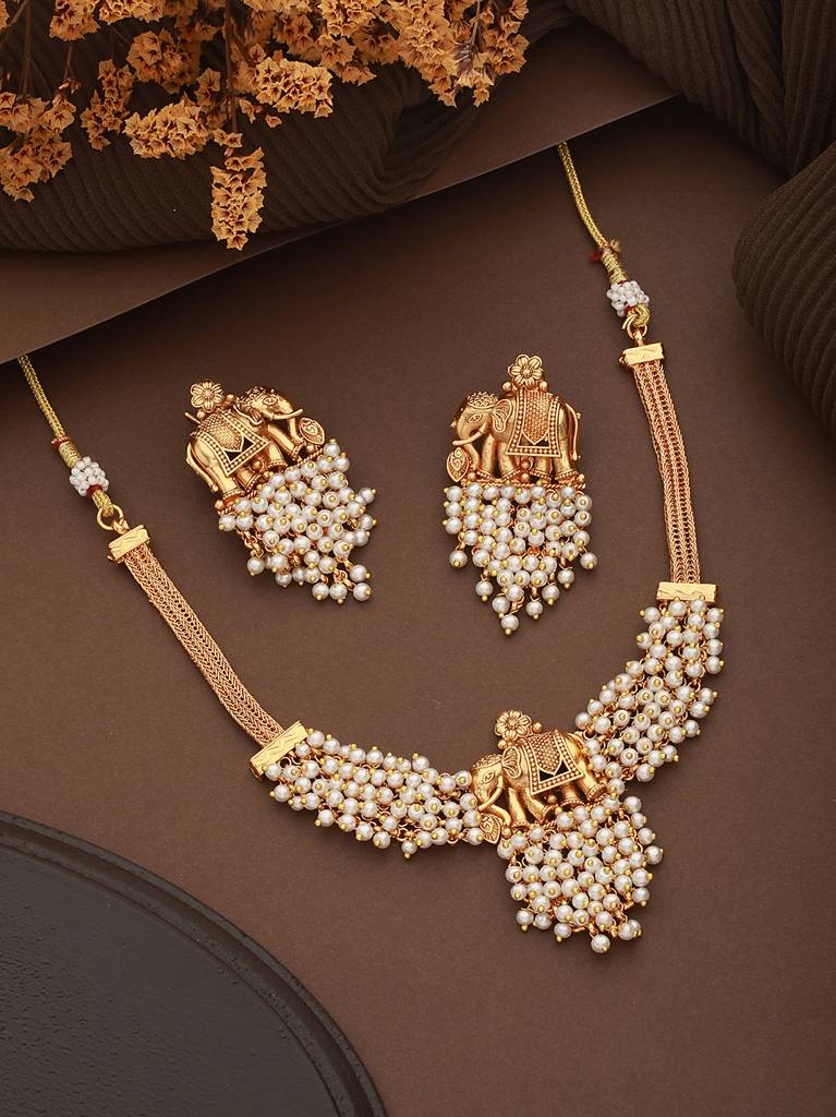 Gold Plated Elephant Motif Pearl Beaded Designer Earrings Necklace Jewellery Set : SJNK2428
