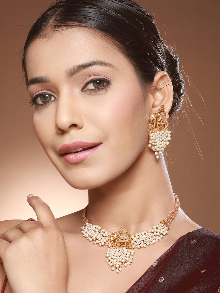 Gold Plated Elephant Motif Pearl Beaded Designer Earrings Necklace Jewellery Set : SJNK2428