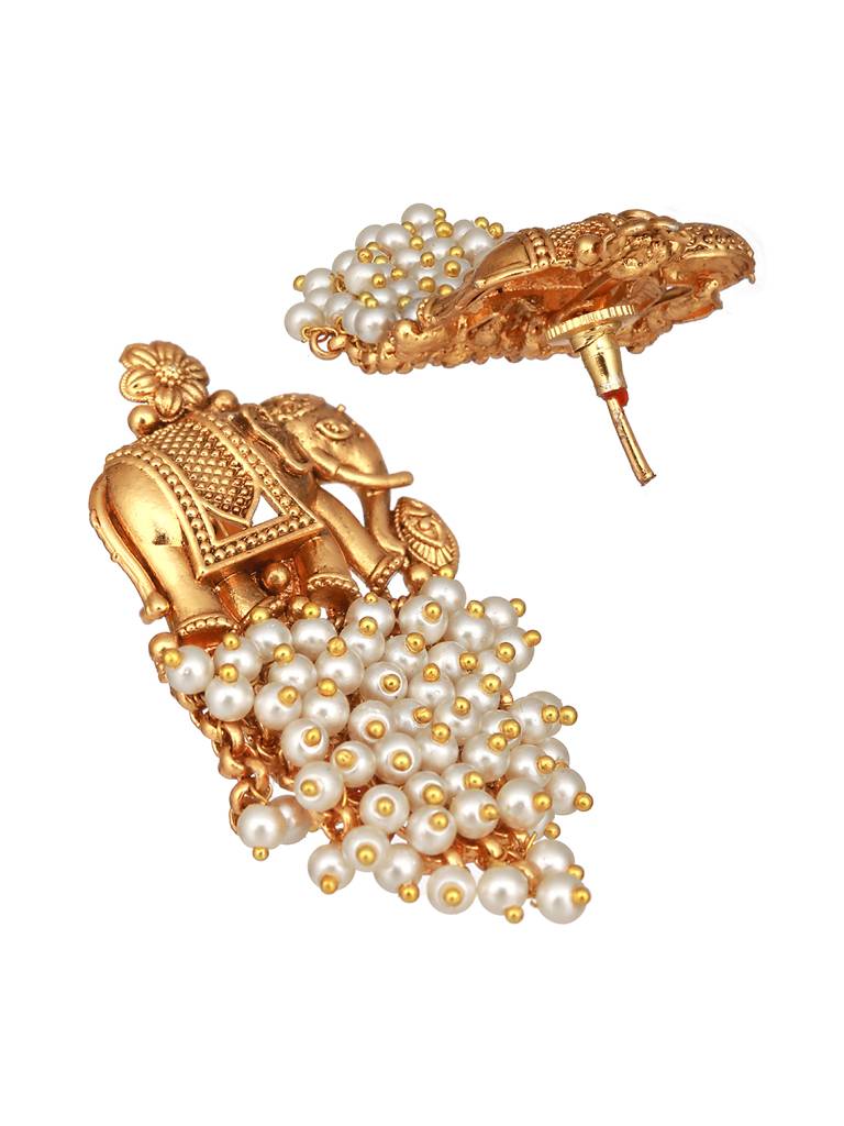 Gold Plated Elephant Motif Pearl Beaded Designer Earrings Necklace Jewellery Set : SJNK2428