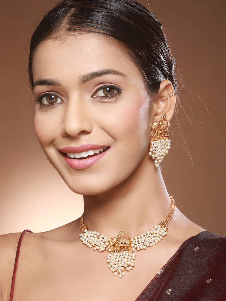 Gold Plated Elephant Motif Pearl Beaded Designer Earrings Necklace Jewellery Set : SJNK2428