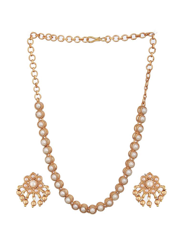 Gold Plated Pearl Beaded Minimal Dailywear Necklace Jewellery Set : SJNK2430