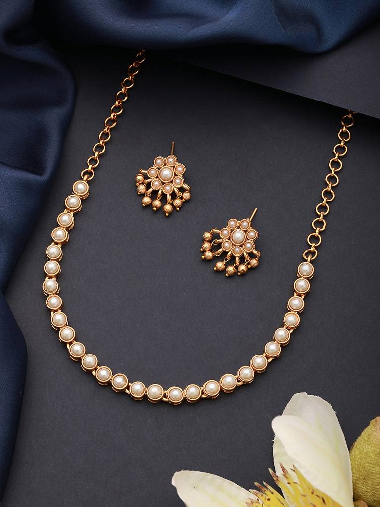 Gold Plated Pearl Beaded Minimal Dailywear Necklace Jewellery Set