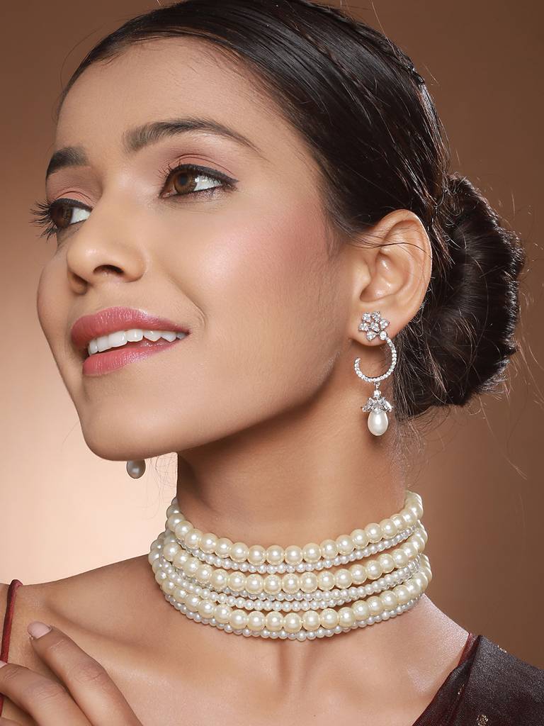 Pearl Beaded 7 Layered Minimal Luxe Choker With Ad Earrings Jewellery Set : SJNK2431