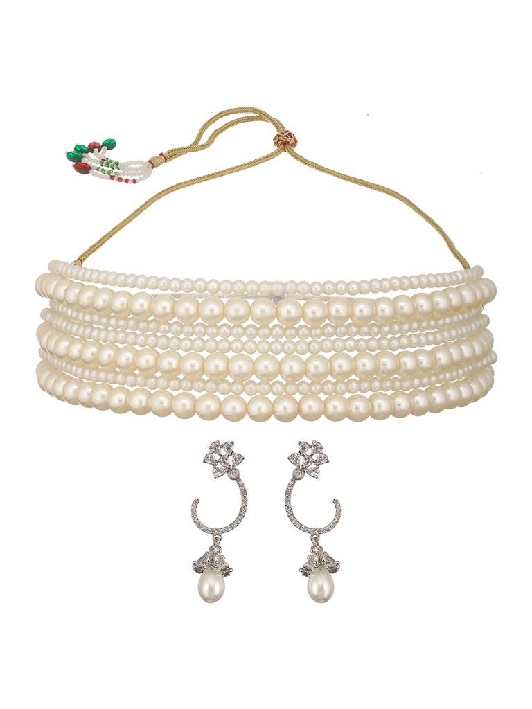 Pearl Beaded 7 Layered Minimal Luxe Choker With Ad Earrings Jewellery Set : SJNK2431