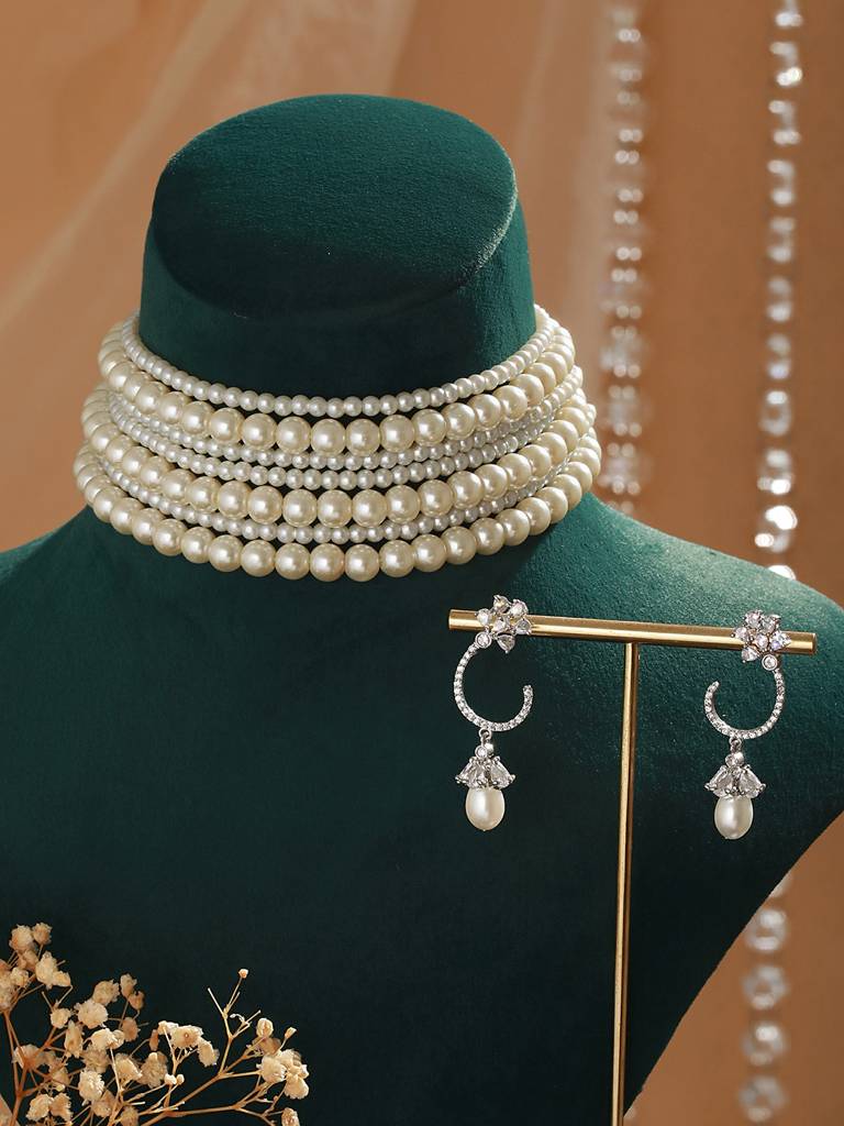 Pearl Beaded 7 Layered Minimal Luxe Choker With Ad Earrings Jewellery Set : SJNK2431