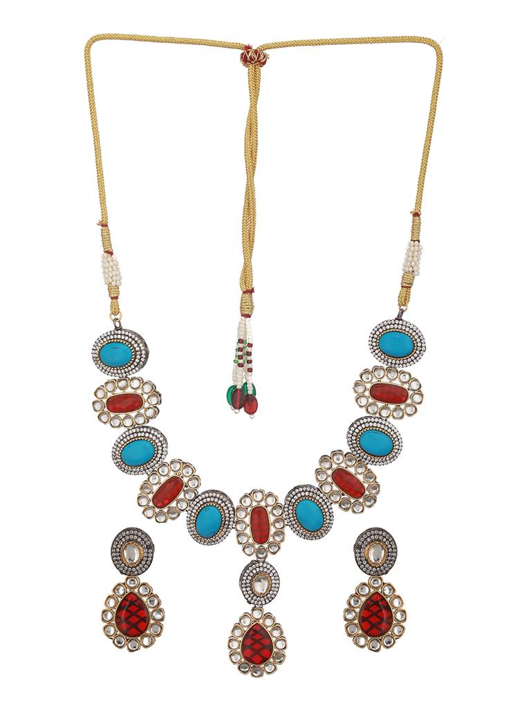 Victorian Polish Maroon & Turquoise Kundan Studded Floral Necklace Jewellery Set : SJNK2432