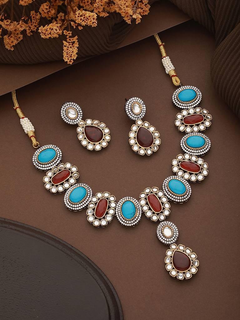Victorian Polish Maroon & Turquoise Kundan Studded Floral Necklace Jewellery Set : SJNK2432
