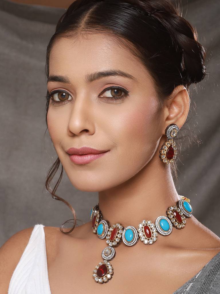 Victorian Polish Maroon & Turquoise Kundan Studded Floral Necklace Jewellery Set : SJNK2432
