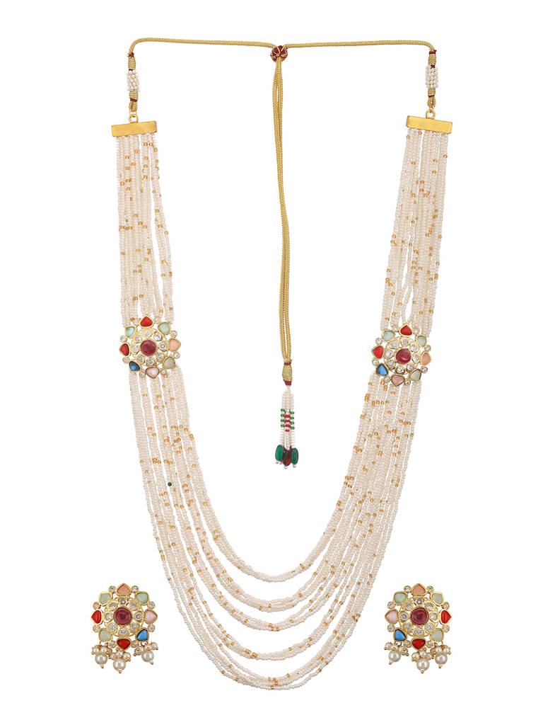 Nav Ratan Kundan Studded Pearl Beaded Haram Layered Royal Jewellery Set : SJNK2433
