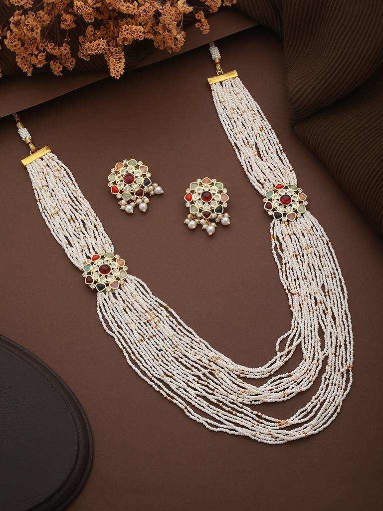 Nav Ratan Kundan Studded Pearl Beaded Haram Layered Royal Jewellery Set : SJNK2433