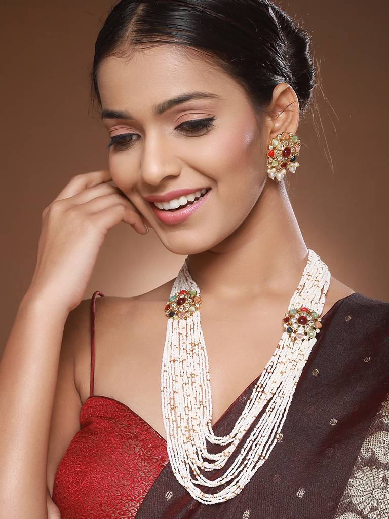 Nav Ratan Kundan Studded Pearl Beaded Haram Layered Royal Jewellery Set : SJNK2433