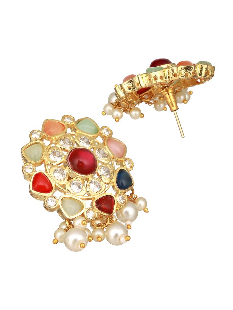 Nav Ratan Kundan Studded Pearl Beaded Haram Layered Royal Jewellery Set : SJNK2433