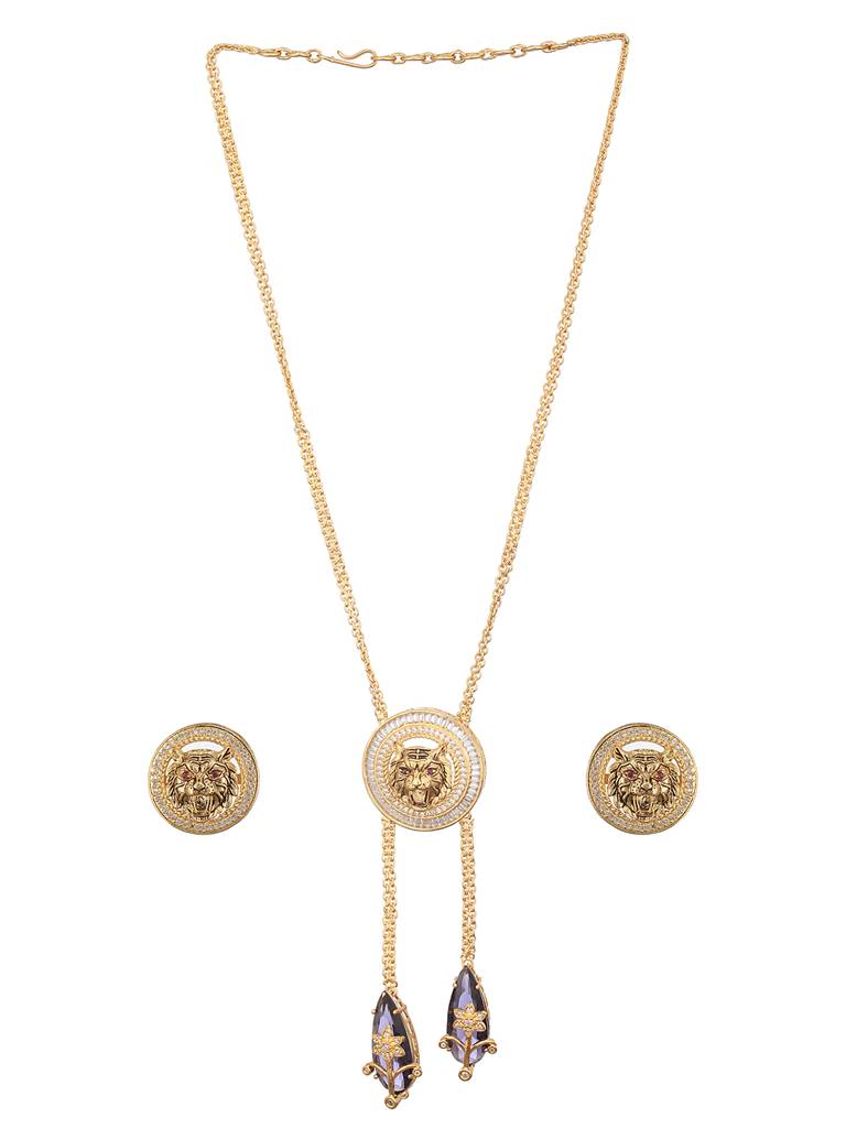 Gold Plated Amethyst Ad Studded Lion Motif Designer Chain & Necklace Jewellery Set : SJNK2434