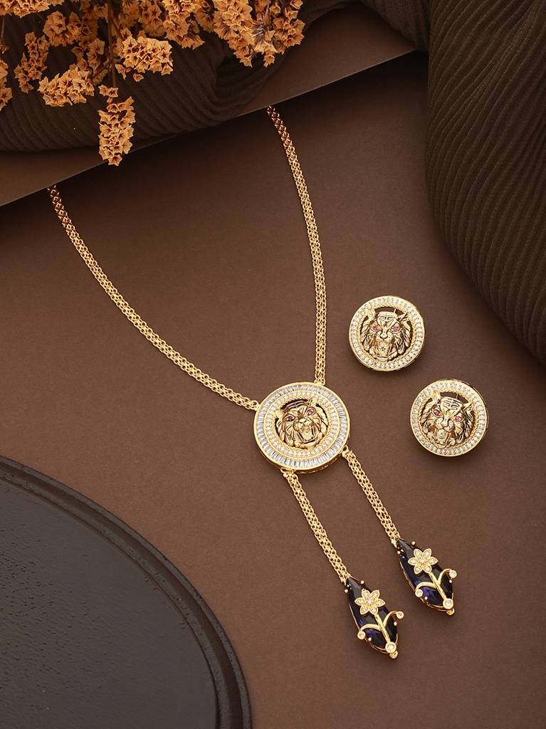 Gold Plated Amethyst Ad Studded Lion Motif Designer Chain & Necklace Jewellery Set : SJNK2434