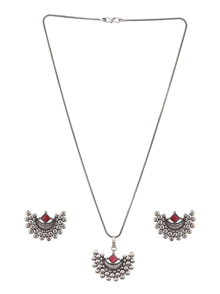Oxidised Silver Plated Maroon Stone Locket Jewellery Set : SJLK2435