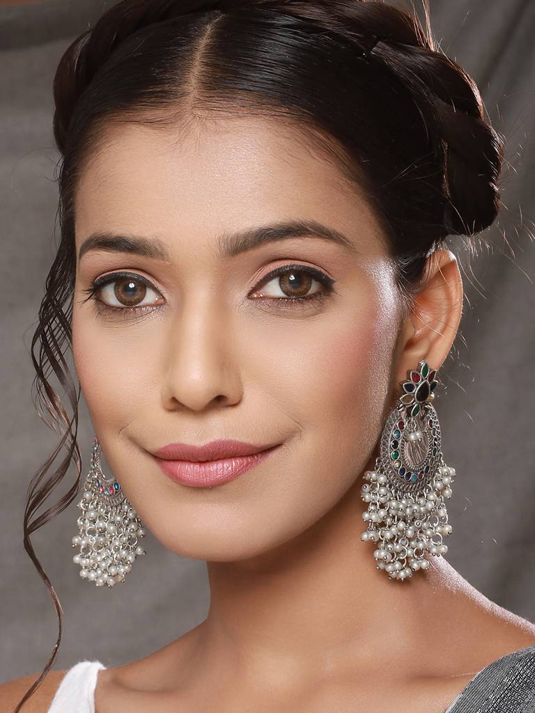 Oxidised Silver Plated Nav Ratan Stoned & Pearl Beaded Chanbali Chandelier Earrings : SJER2436