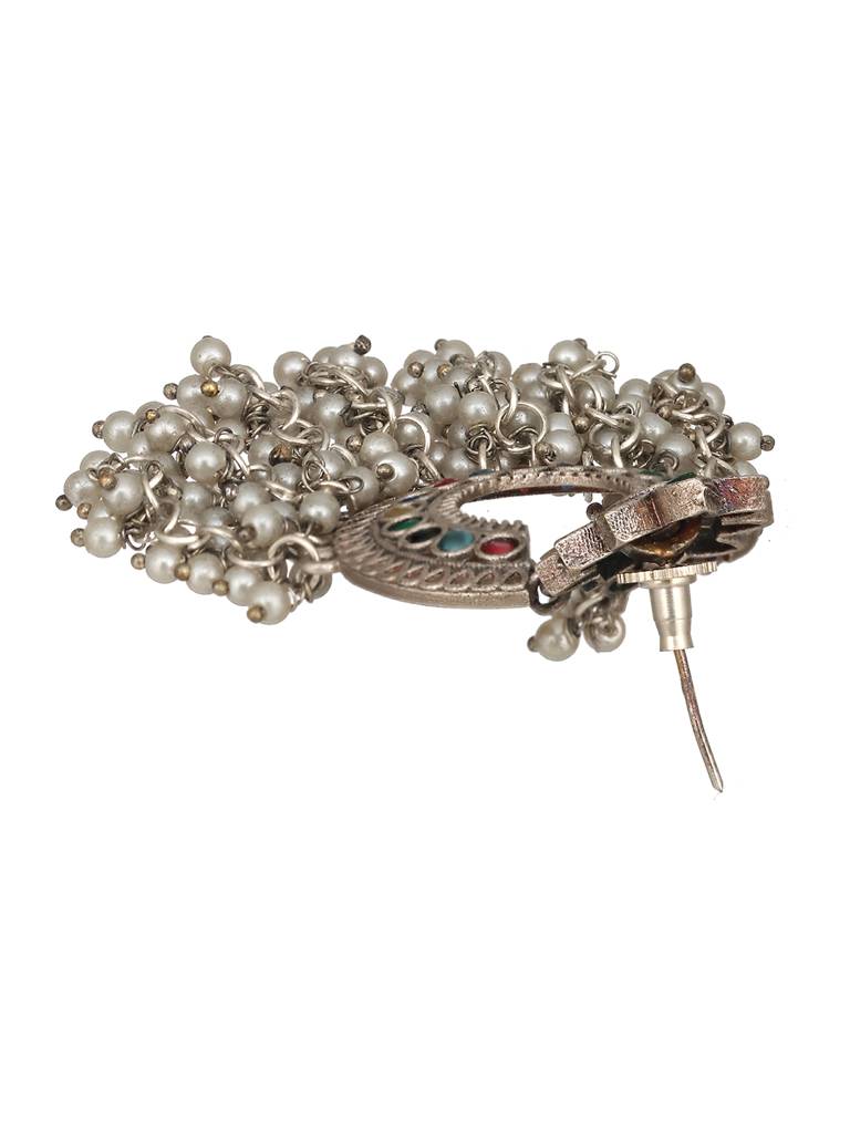 Oxidised Silver Plated Nav Ratan Stoned & Pearl Beaded Chanbali Chandelier Earrings : SJER2436