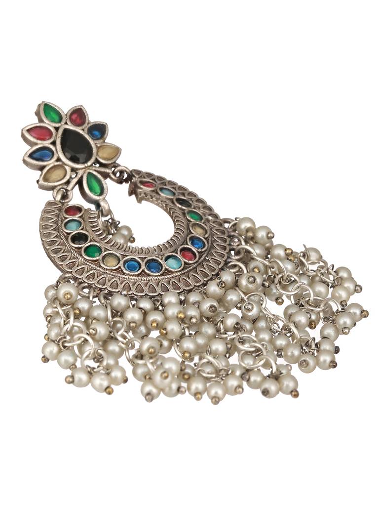 Oxidised Silver Plated Nav Ratan Stoned & Pearl Beaded Chanbali Chandelier Earrings : SJER2436