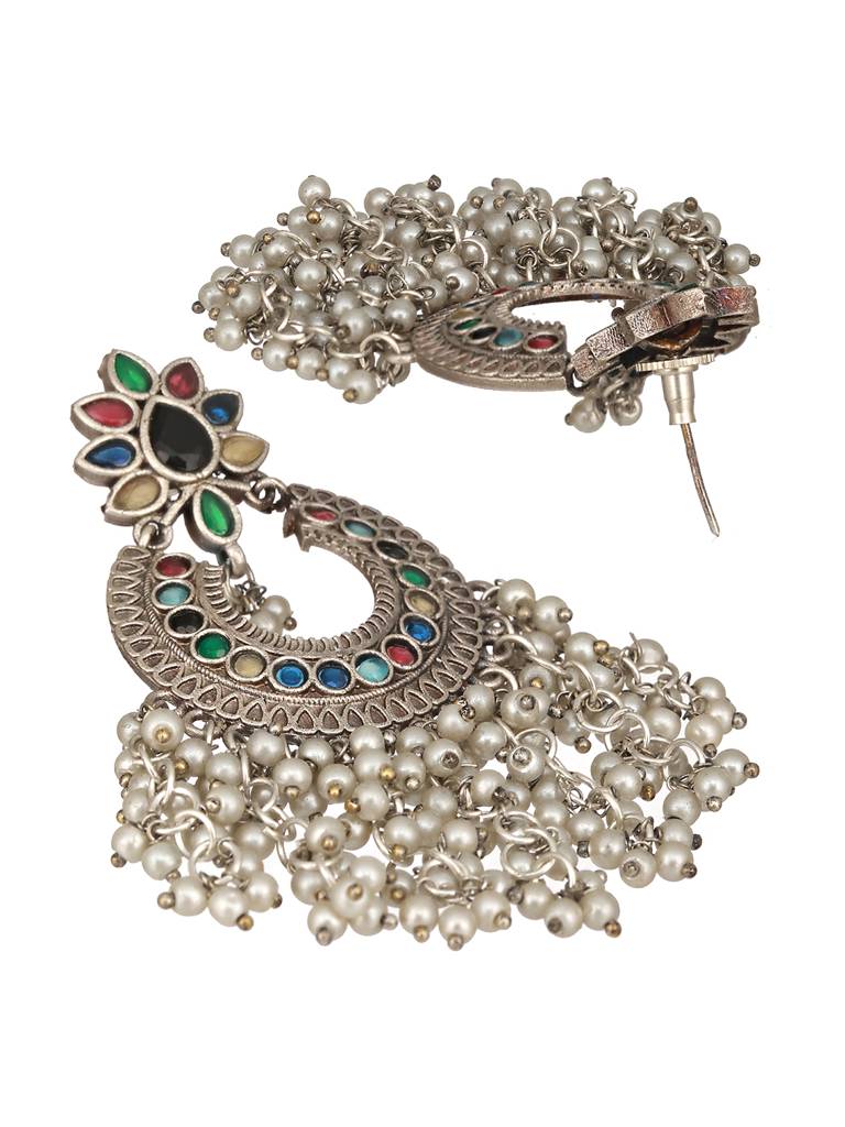 Oxidised Silver Plated Nav Ratan Stoned & Pearl Beaded Chanbali Chandelier Earrings : SJER2436