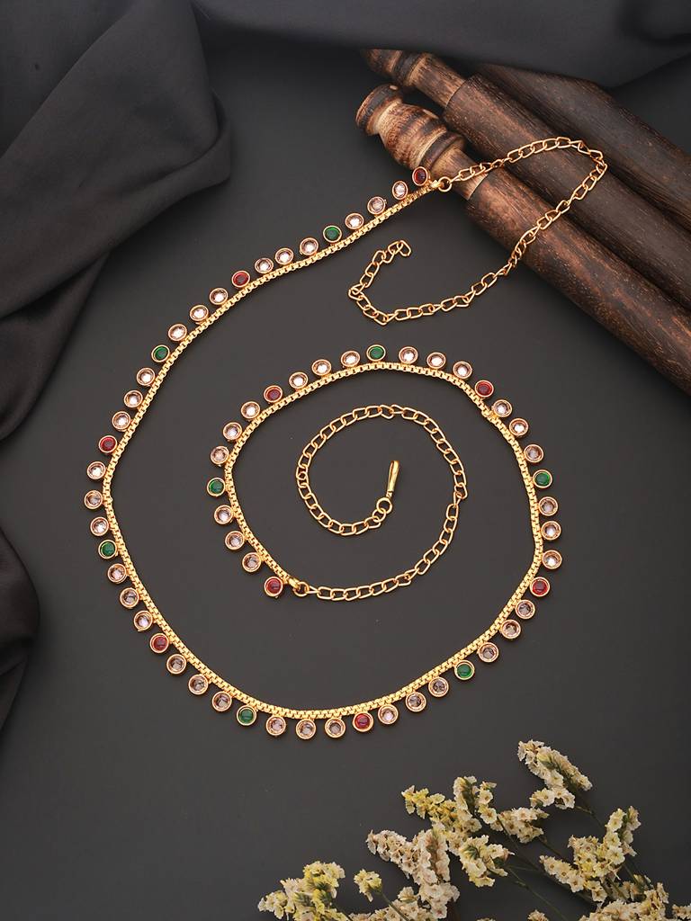 Gold Polish Nav Ratan Zircon Studded Trendy Hip Chain Kamarbandh : SJKB2438